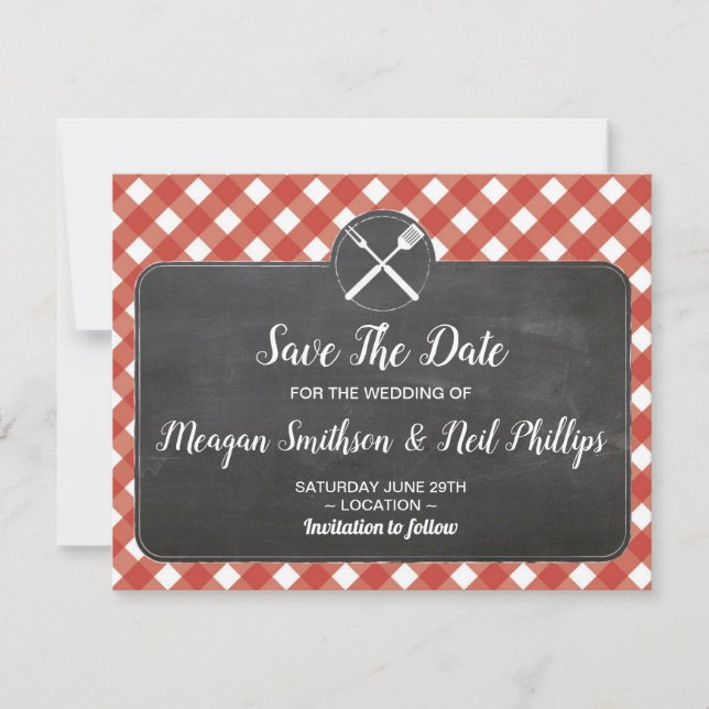 Tarjeta de Boda Save The Date Cuadro Rojo Tiza BBQ (Anverso)