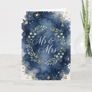Tarjeta de boda sencilla azul y dorada para Sr y S