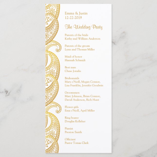 Tarjeta de Boda tradicional india Gold Paisley (Anverso)