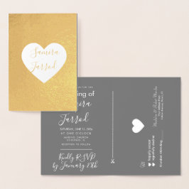 Tarjeta de boda y RSVP de corazón gris y dorado in