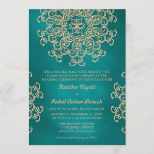 TARJETA DE BODAS AL ESTILO INDIO EN VERDE AZULADO 