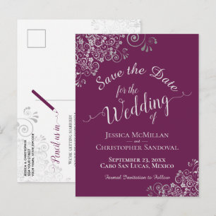 Tarjeta de bodas Cassis Purple con adornos de plat
