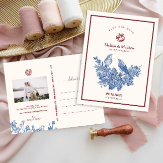 Tarjeta de bodas china floral de Urraca Save the D