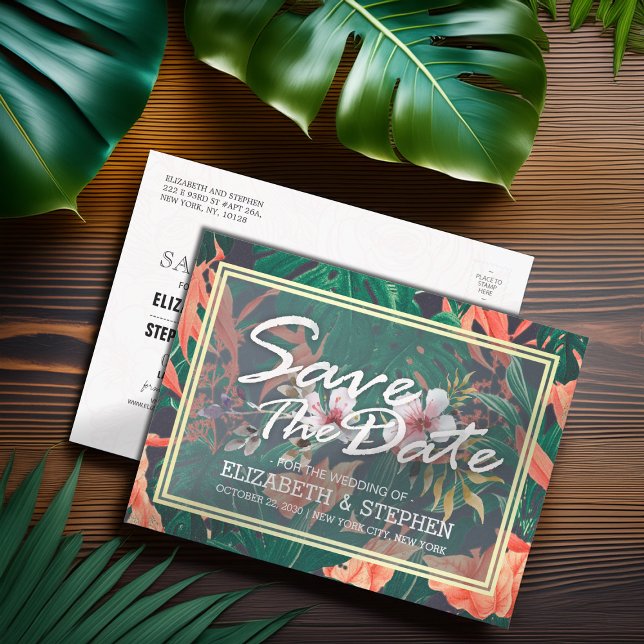 Tarjeta de bodas con marco floral tropical y dorad (Subido por el creador)
