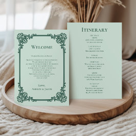 Tarjeta de bodas con marco verde salvia y itinerar