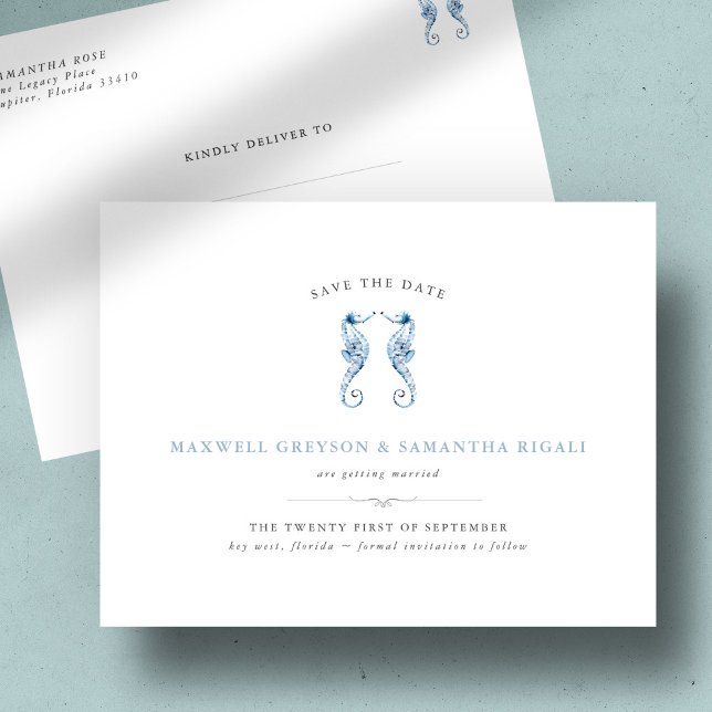 Tarjeta de bodas de acuarela de caballito de mar a (wedding invitations beach blue seahorses watercolor destination wedding)