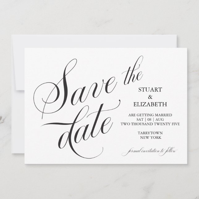 Tarjeta de bodas de caligrafía Save the Date  (Anverso)