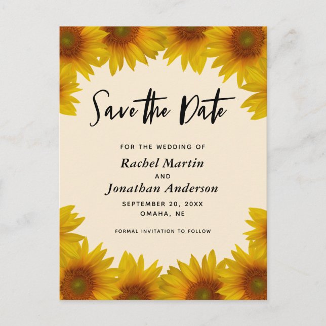 Tarjeta de bodas de girasoles rústicos para guarda (Anverso)