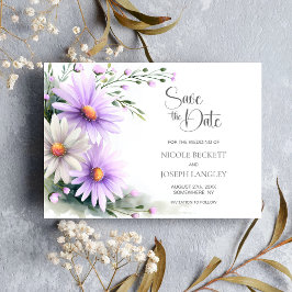 Tarjeta de bodas de margaritas púrpuras y blancas