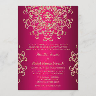 TARJETA DE BODAS ESTILO INDIO ROSA FUCSIA Y DORADO