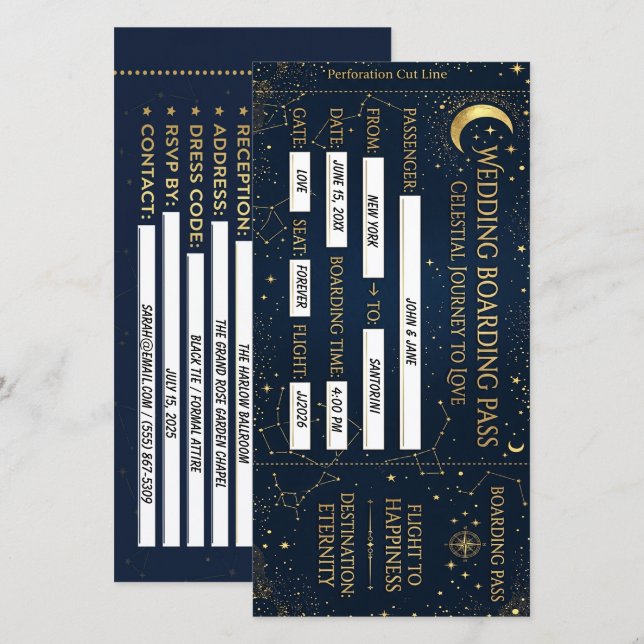 Tarjeta de bodas Pase de Abordaje Celestial para g (Anverso / Reverso)