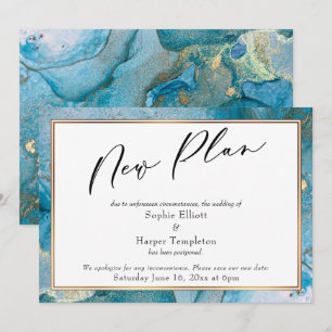 Tarjeta de bodas pospuestas con tinta azul verdoso
