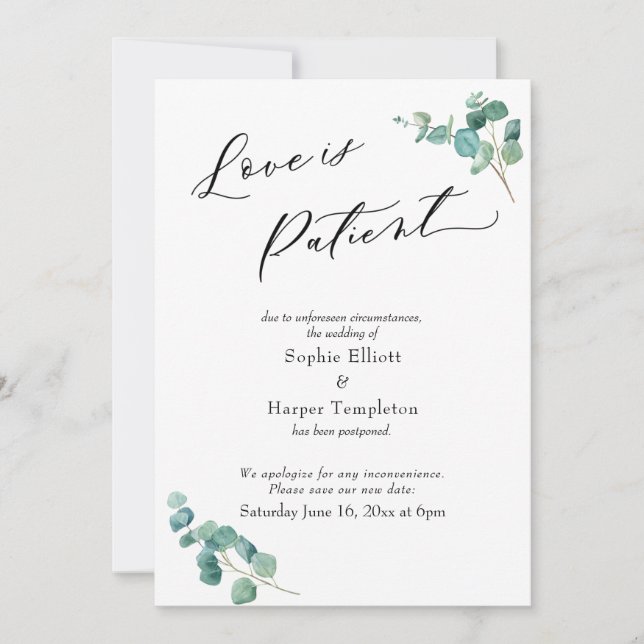 Tarjeta de bodas pospuestas de eucalipto paciente  (Anverso)