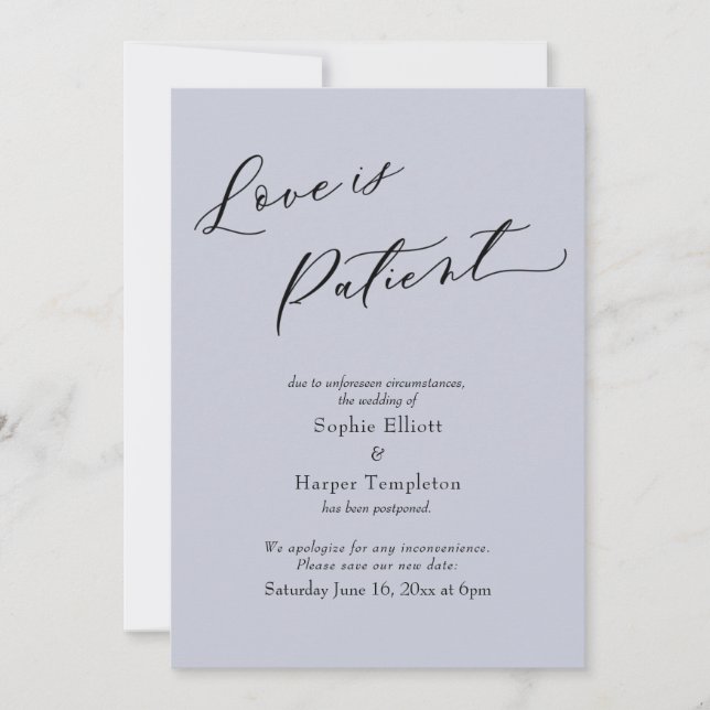 Tarjeta de bodas pospuestas Dusty Blue: El amor es (Anverso)