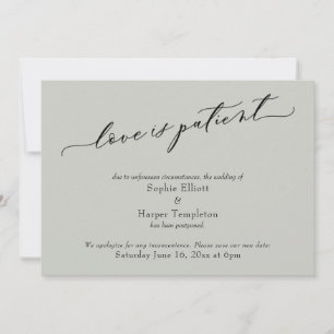 Tarjeta de bodas pospuestas Love is Patient Sage G