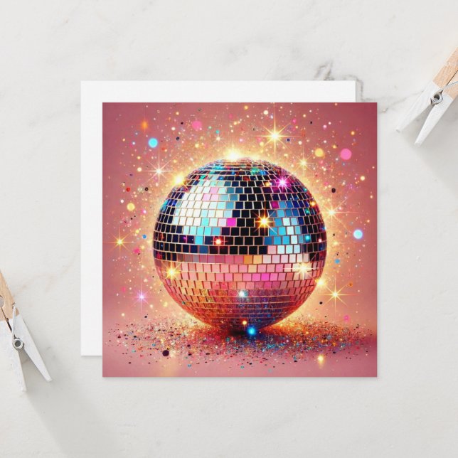 Tarjeta de bola de discoteca con purpurina. (Anverso/Reverso In Situ)