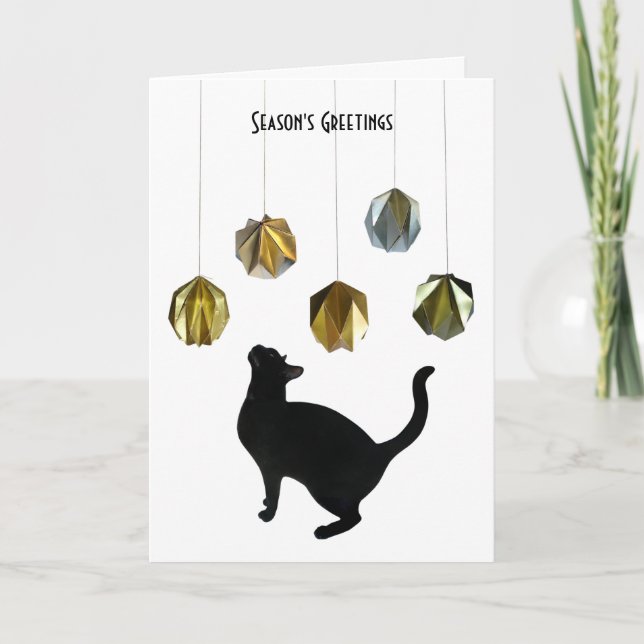 Tarjeta de bolas de papel dorado para gato negro (Anverso)