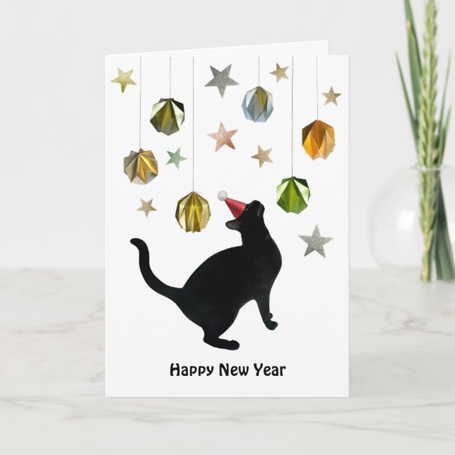 Tarjeta de bolas de papel dorado para gato negro (Anverso)