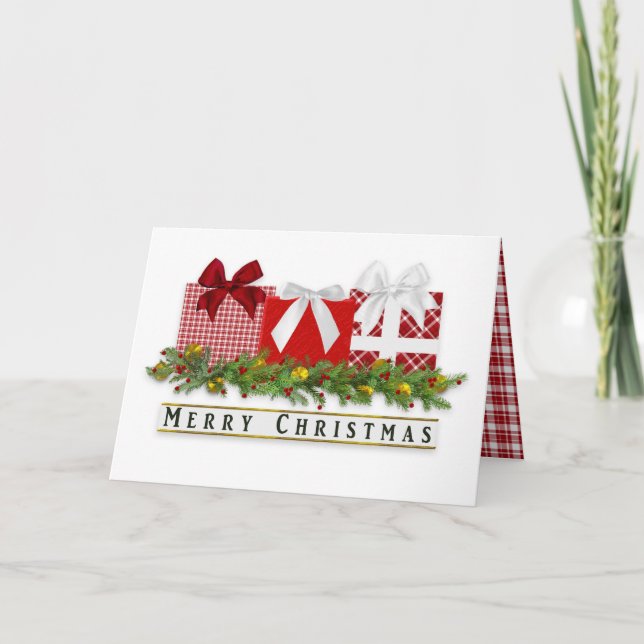 Tarjeta de Bows de Regalos de Red Plaid de navidad (Anverso)