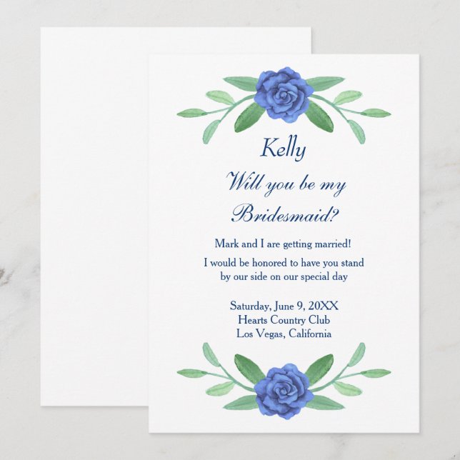 Tarjeta de Bridesmaid Floral Floral Azul Foliage (Anverso / Reverso)