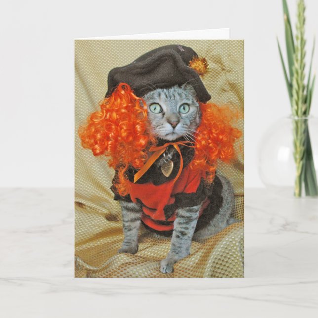 Tarjeta de bruja Halloween del gato del tabby del  (Anverso)