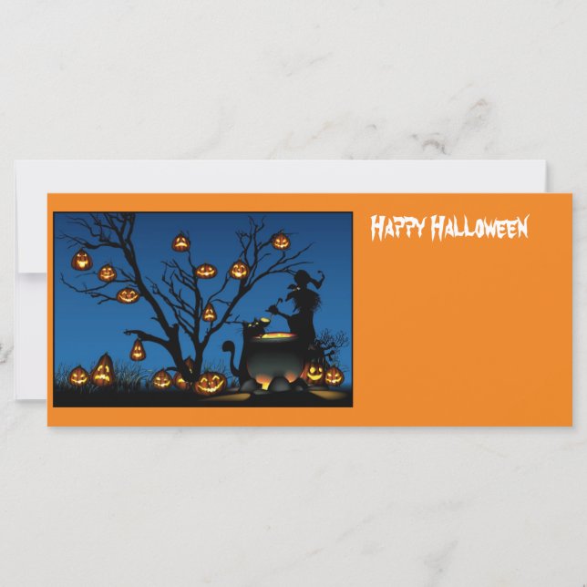 Tarjeta de bruja y calabazas de Halloween (Anverso)