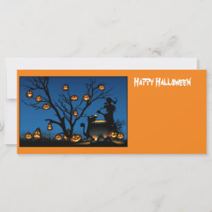 Tarjeta de bruja y calabazas de Halloween