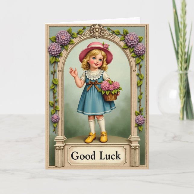 Tarjeta de buena suerte de niña saludando (Anverso)