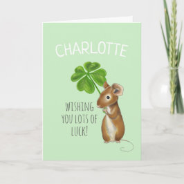 Tarjeta de buena suerte, ratón dulce y trébol de c
