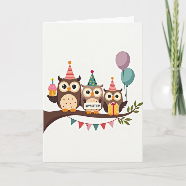 Tarjeta de búhos de celebración de cumpleaños (Anverso)