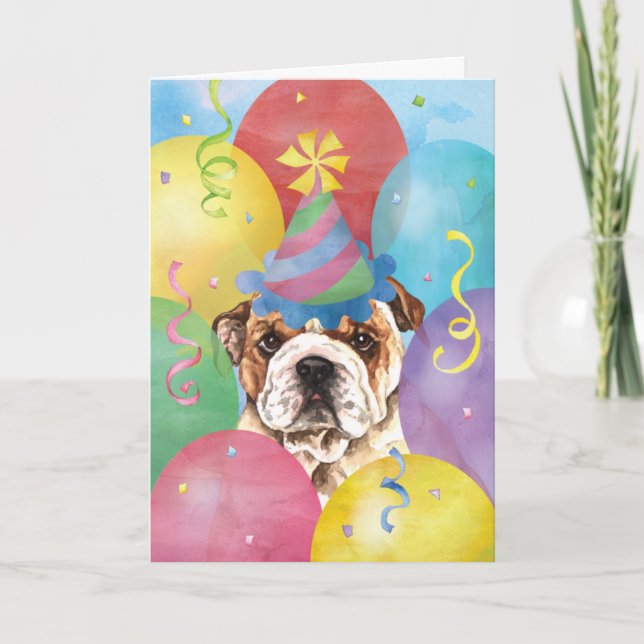 Tarjeta de Bulldog de los globos de cumpleaños (Anverso)