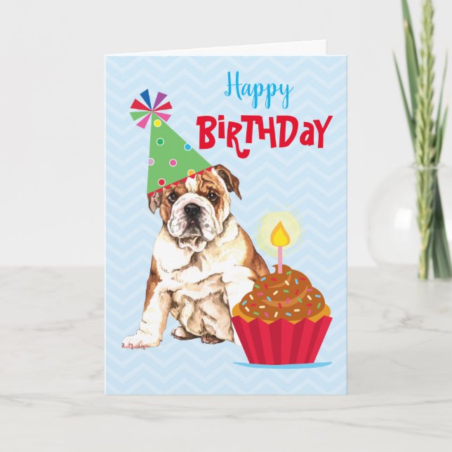Tarjeta de Bulldog de pastel de cumpleaños (Anverso)
