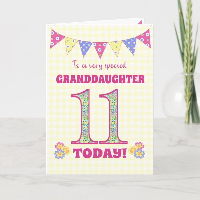 Tarjeta de Bunting Primroses para Nieta 11 de Cump (Anverso)