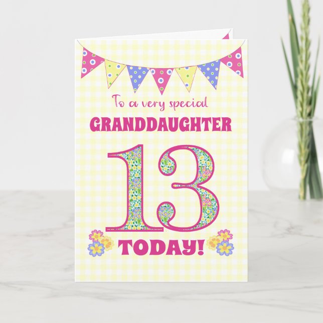 Tarjeta de Bunting Primroses para Nieta 13 de Cump (Anverso)