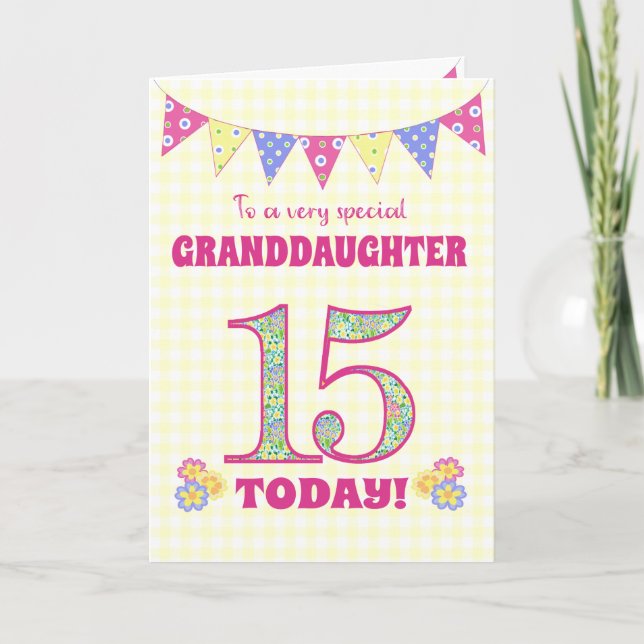 Tarjeta de Bunting Primroses para nieta 15 cumplea (Anverso)