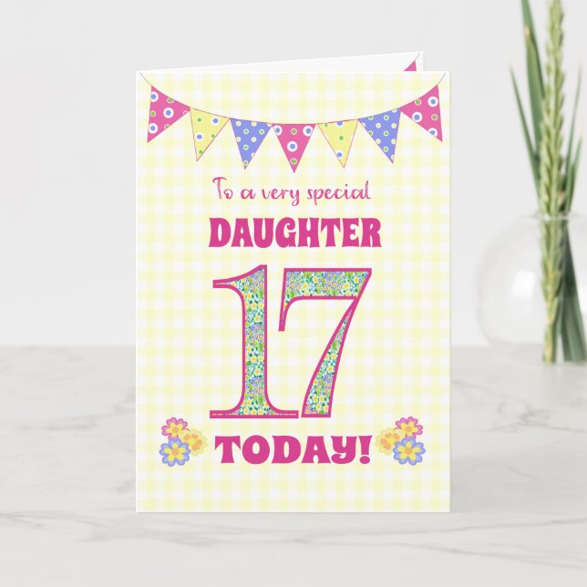 Tarjeta de Bunting y Primrose de Hija 17 cumpleaño (Anverso)