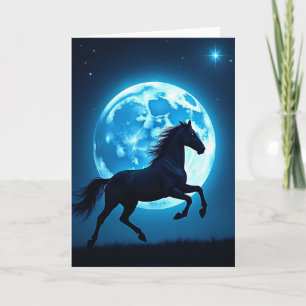 Tarjeta de caballo de luna azul de año nuevo feliz
