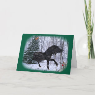 Tarjeta de caballo frisón de paisaje invernal