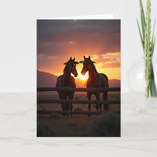 Tarjeta de caballos majestuosos al atardecer (Anverso)