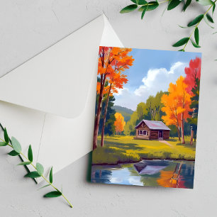 Tarjeta de cabaña junto al lago de otoño