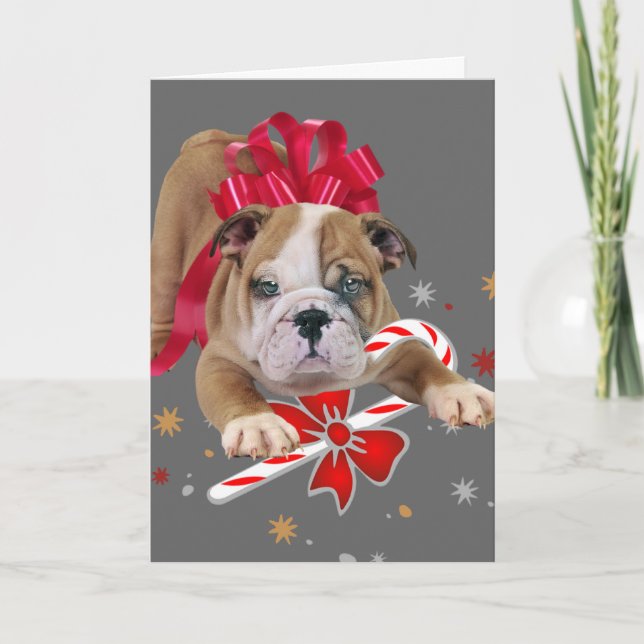 Tarjeta de cachorro de bulldog con Navidades del a (Anverso)