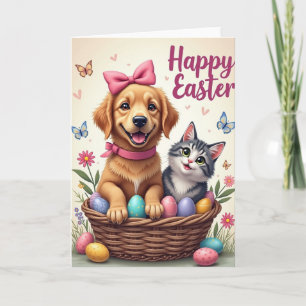 Tarjeta de cachorro gatito lindo de primavera