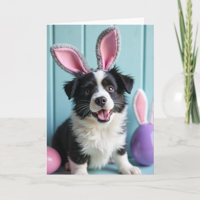 Tarjeta de cachorro lindo con orejas de conejo (Anverso)