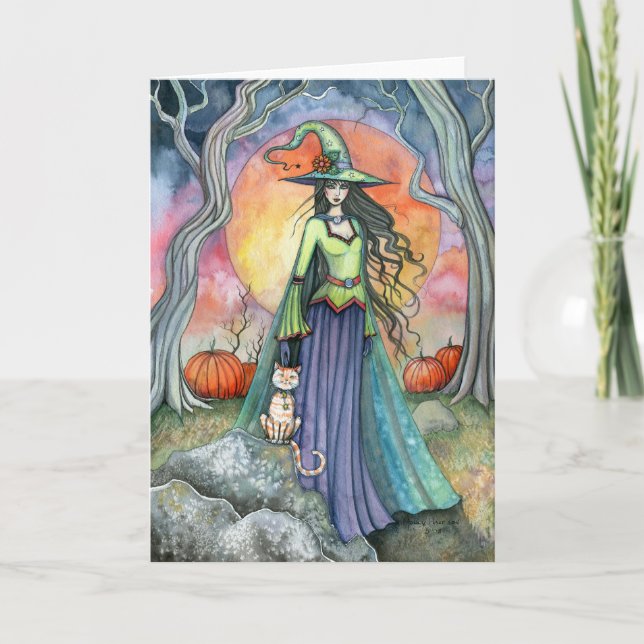 Tarjeta de Calabaza de Gata Bruja de Halloween (Anverso)