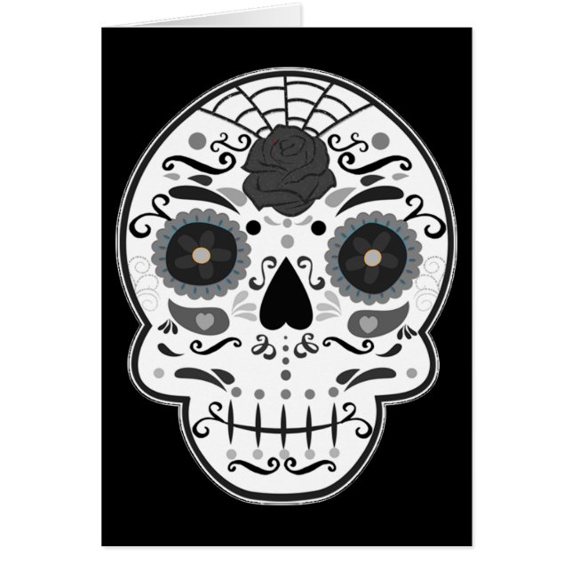 Tarjeta de Calavera de Azúcar Negra y Blanca Plega (Frente)