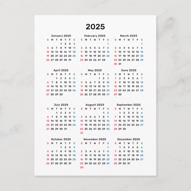Tarjeta de calendario 2025: Domingo Inicio, Blanco (Anverso)