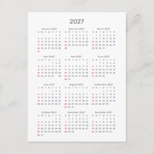 Tarjeta de calendario 2027: inicio el domingo, neg