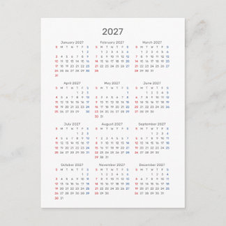 Tarjeta de calendario 2027: inicio el domingo, neg