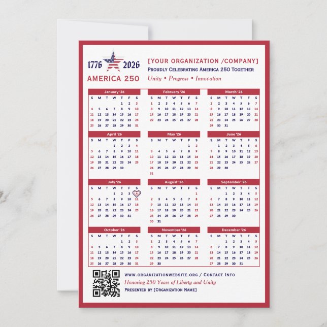 Tarjeta de calendario America 250 Patriotic Red 20 (Anverso)