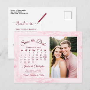 Tarjeta de calendario de boda con peonías rosadas 